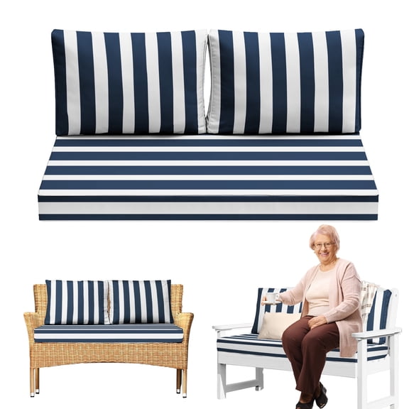 3-Piece Outdoor Loveseat Cushion Set - 48x24 in,Thick, Waterproof Patio Deep Seat Chair Cushions for 2-Person Wicker Rocker,Bench -All-Weather for Porch, Garden,Blue White Stripes