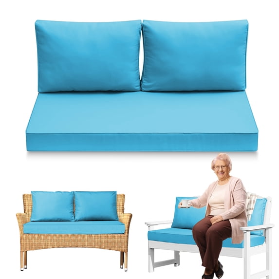 3-Piece Outdoor Loveseat Cushion Set - 48x24 in,Thick, Waterproof Patio Deep Seat Chair Cushions for 2-Person Wicker Rocker,Bench -All-Weather for Porch, Garden,Sky blue
