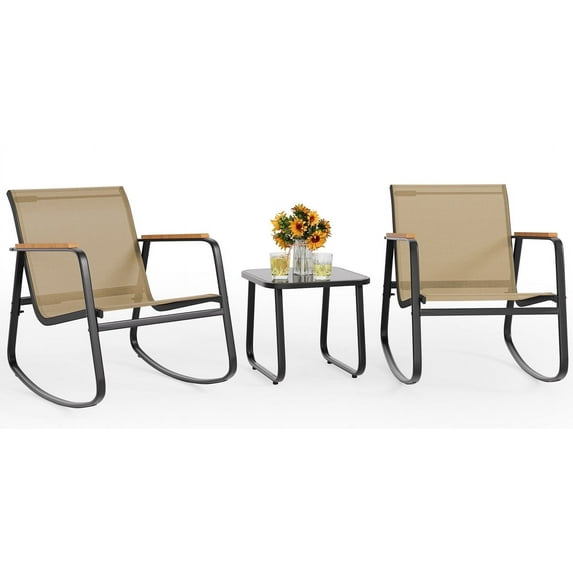 Noelse 3 Piece Patio Bistro Set, Textilene Outdoor Rocking Chairs with Heat-Resistant Wooden Armrests & Tempered Glass Table, Durable Porch & Lawn Furniture, Brown