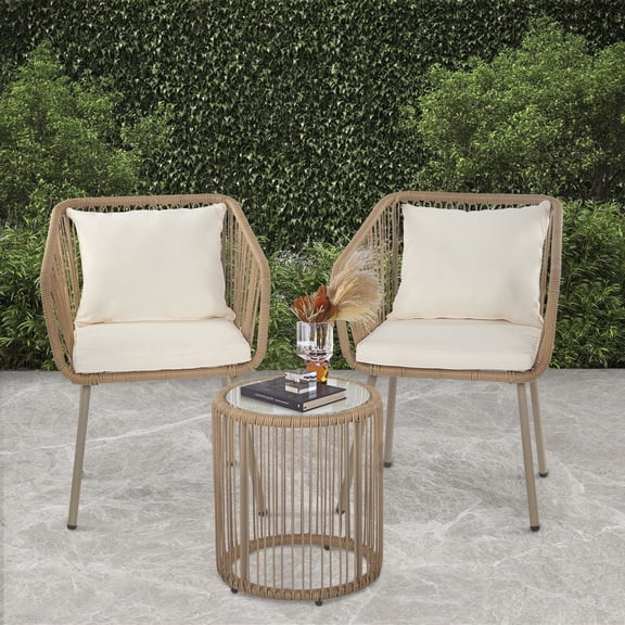 PayLessHere 3-Piece Outdoor PE Rattan Bistro Furniture Set, White