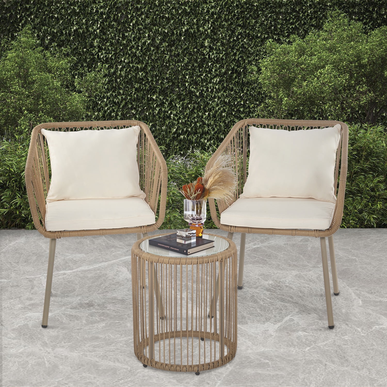 3-Piece Outdoor PE Rattan Bistro Furniture Set Patio Rattan Conversation Set Patio Furniture Set Glass Coffee Table Top and 2 Chairs with Cushions Lumbar Pillows for Yard Garden Porch Bistro, White