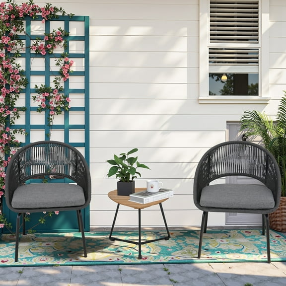 3-Piece Outdoor PE Rattan Bistro Furniture Set Patio Rattan Conversation Set Patio Furniture Set Glass Coffee Table Top and 2 Chairsfor Yard Garden Porch Bistro, White