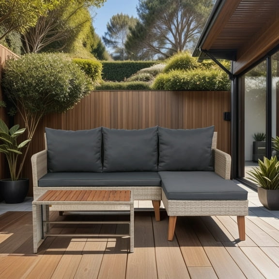 3-Piece Outdoor PE Rattan Furniture Set, All Weather Wicker Outdoor Patio Conversation Set with Cushion and Table, Grey