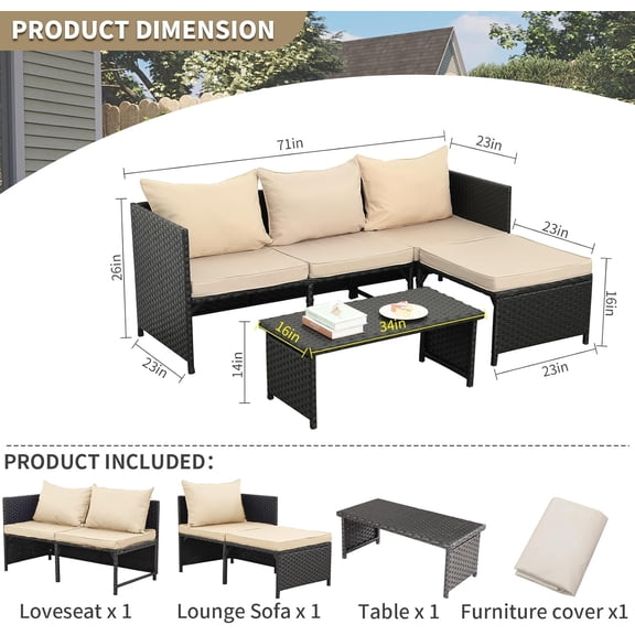 3-Piece Outdoor PE Rattan Furniture Set Black Wicker Conversation Loveseat Sofa Sectional Couch Khaki Cushion