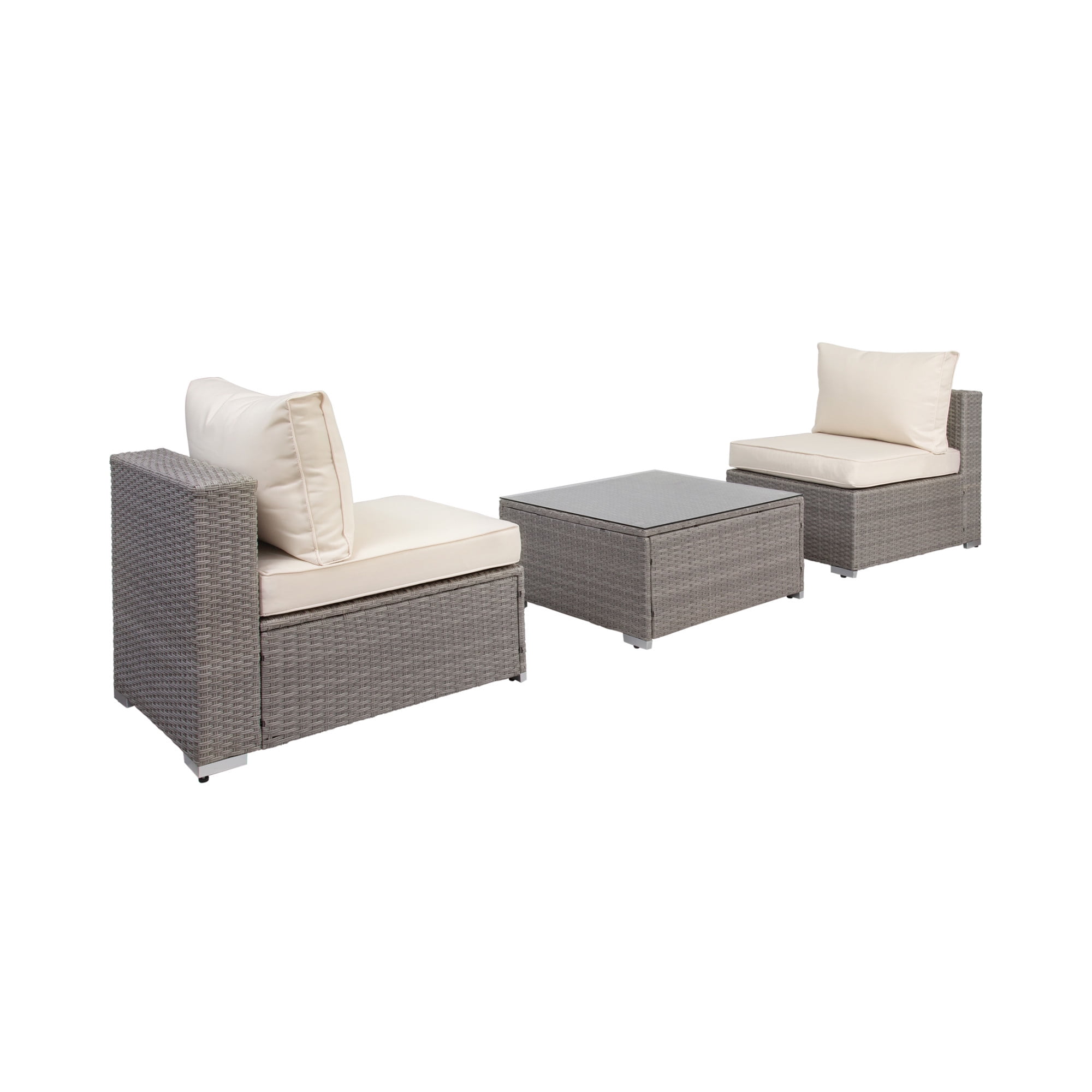 Gray Rattan 3-Piece Outdoor Sofa Set with Ivory Cushions