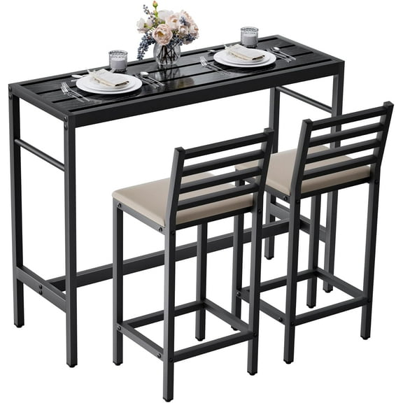 3-Piece Outdoor Patio Bar Set 47" High Top Pub Table with 2 Cushioned Chairs, Metal Bar Table and Chairs Set Perfect for Balcony, Backyard, or Porch Relaxation