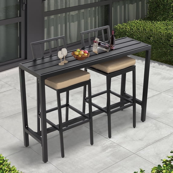 3-Piece Outdoor Patio Bar Set, Bar Height Patio Dining Set, Weather-Resistant Bistro Counter Pub Set with Cushions & Slatted Tabletop for Backyard (Black, 47" Table and 2 "X stools)