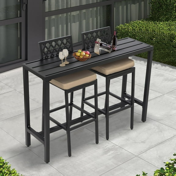 3-Piece Outdoor Patio Bar Set, Bar Height Patio Dining Set, Weather-Resistant Bistro Counter Pub Set with Cushions & Slatted Tabletop for Backyard (Black, 55" Table and 2 "X stools)