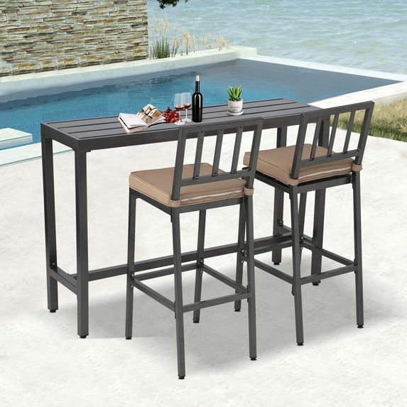 3-Piece Outdoor Patio Bar Set, Bar Height Patio Dining Set, Weather-Resistant Bistro Counter Pub Set with Cushions & Slatted Tabletop for Backyard(Grey, 55" Table, 2 Vertical Back stools)