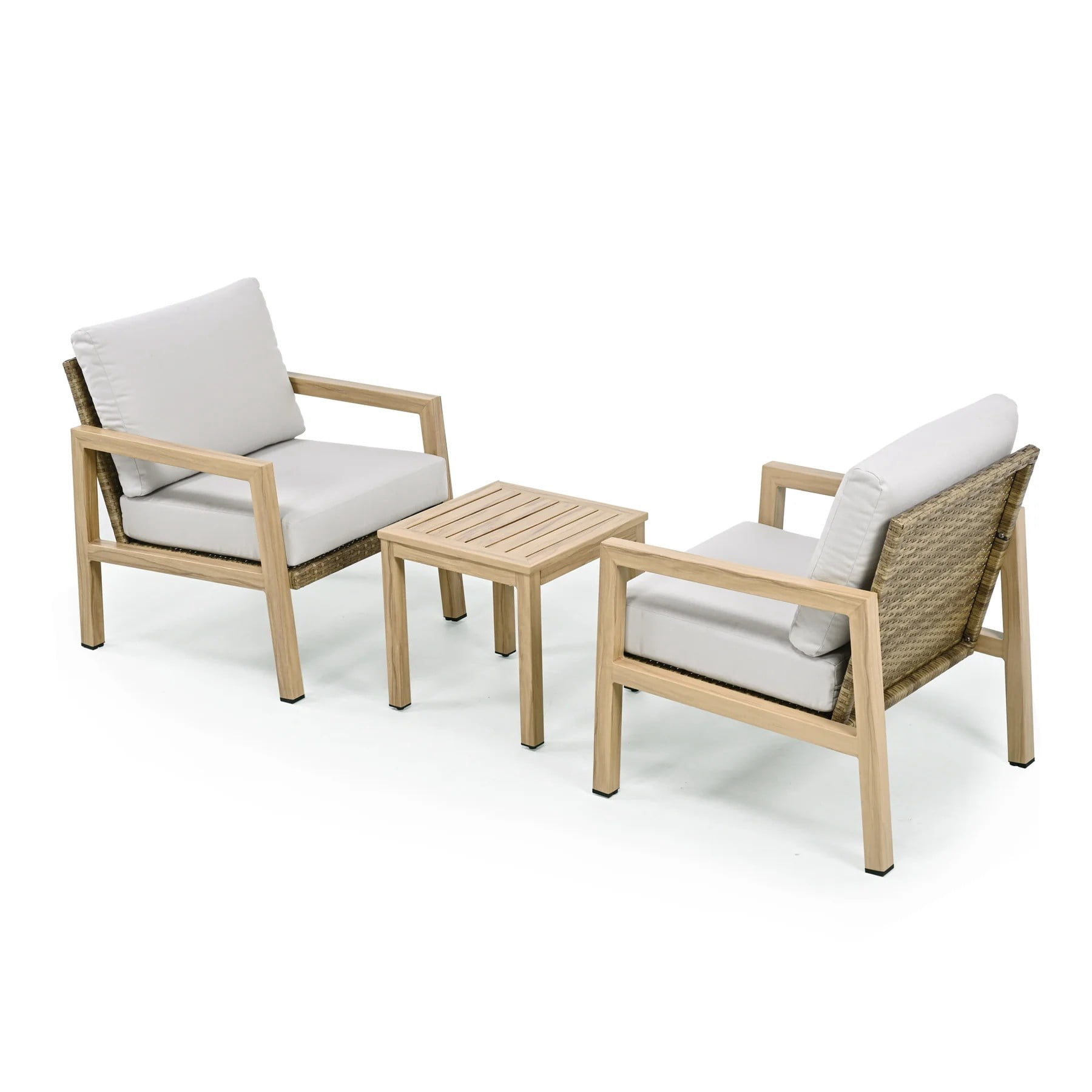 3-Piece Outdoor Patio Bistro Set, Aluminum Chairs with Wicker Back & Cushions, Woodgrain Side Table Conversation Set for Garden Balcony Porch
