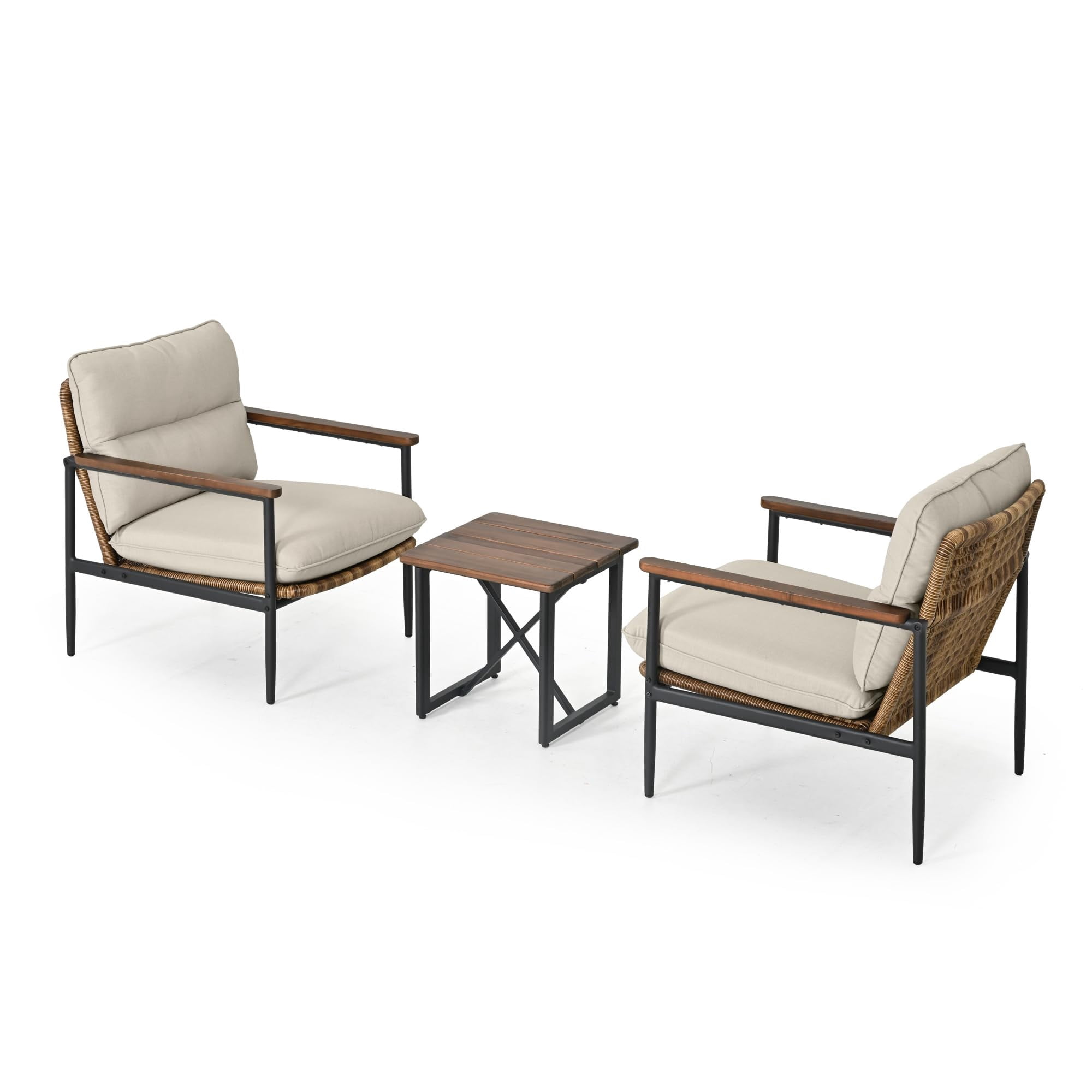3-Piece Outdoor Patio Bistro Set with Aluminum Frame, Wicker Chairs & Acacia Wood Side Table, 4.7" Olefin Cushions, Weather-Resistant for Balcony, Porch, Backyard