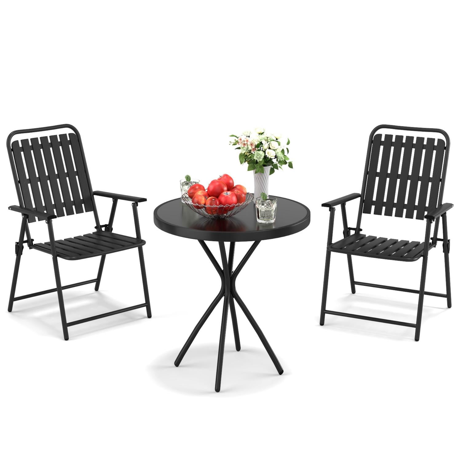 3-Piece Outdoor Patio Bistro Set with Foldable Chairs & Tempered Glass Table, 350 lb Capacity Weather-Resistant Metal Frame for Balcony Garden Terrace, Black