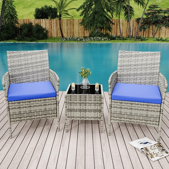 3-Piece Outdoor Patio Bistro Set – PE Rattan Wicker Chairs with Soft Cushions, Glass Coffee Table, Small Porch Furniture for Backyard, Balcony, Poolside – Grey Gradient Rattan & Blue Cushion