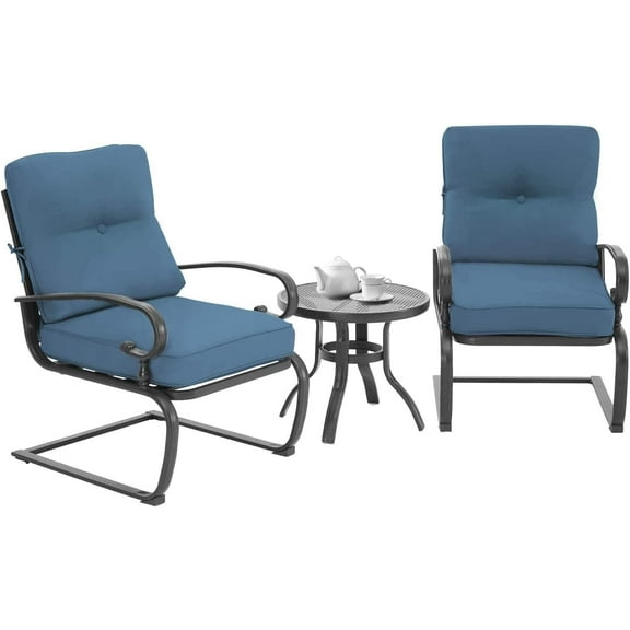 3-Piece Outdoor Patio Bistro Set Spring Motion Chairs and Bistro Round Table Set, Steel Frame Conversation Furniture Set with CushionsBlue