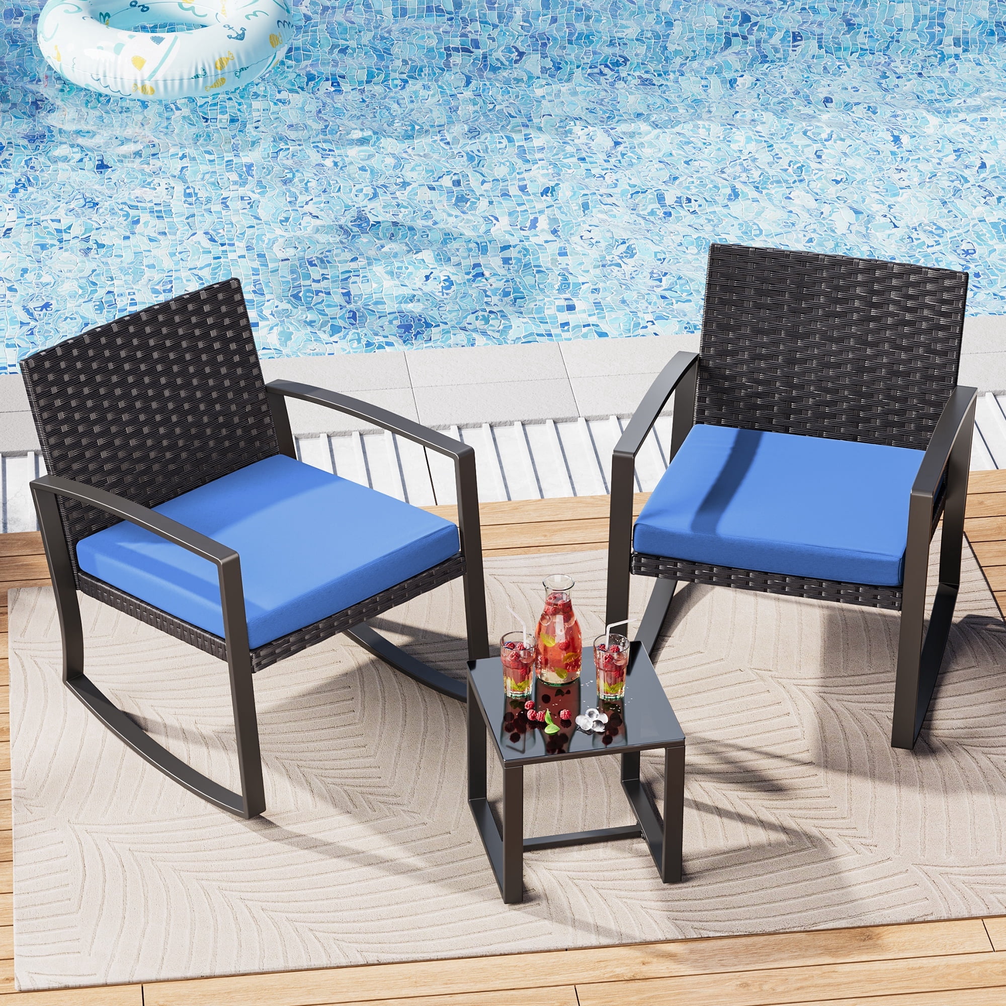 Noelse 3 Piece Wicker Rocking Chair Set, Outdoor Patio Furniture with Table and Cushions for Balcony, Blue