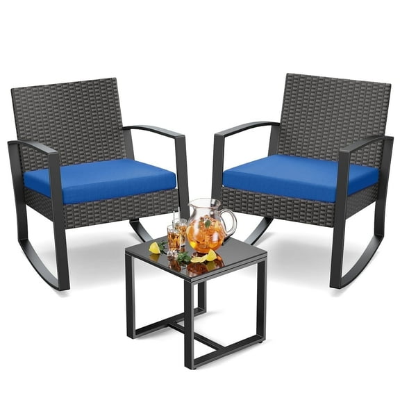 Noelse 3 Piece Outdoor Patio Bistro Set, Wicker Rocking Chair Set with Table and Cushion for Patio, Balcony, Poolside, Blue