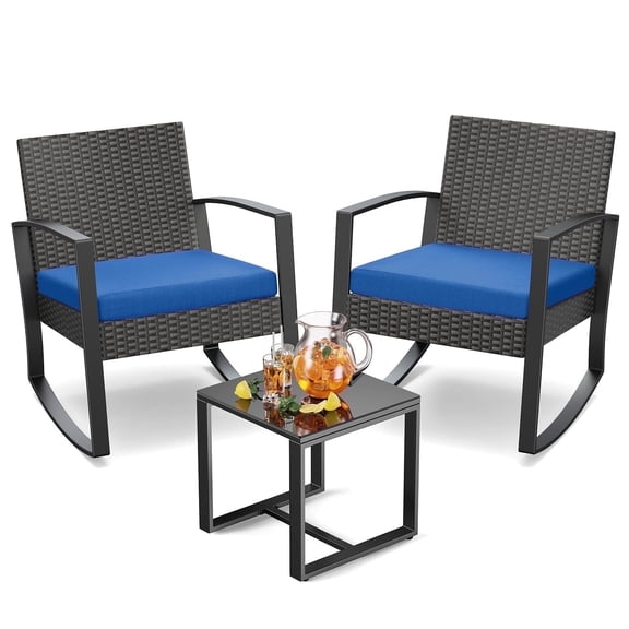 Noelse 3 Piece Outdoor Patio Bistro Set, Wicker Rocking Chair Set with Table and Cushion for Patio, Balcony, Poolside, Blue