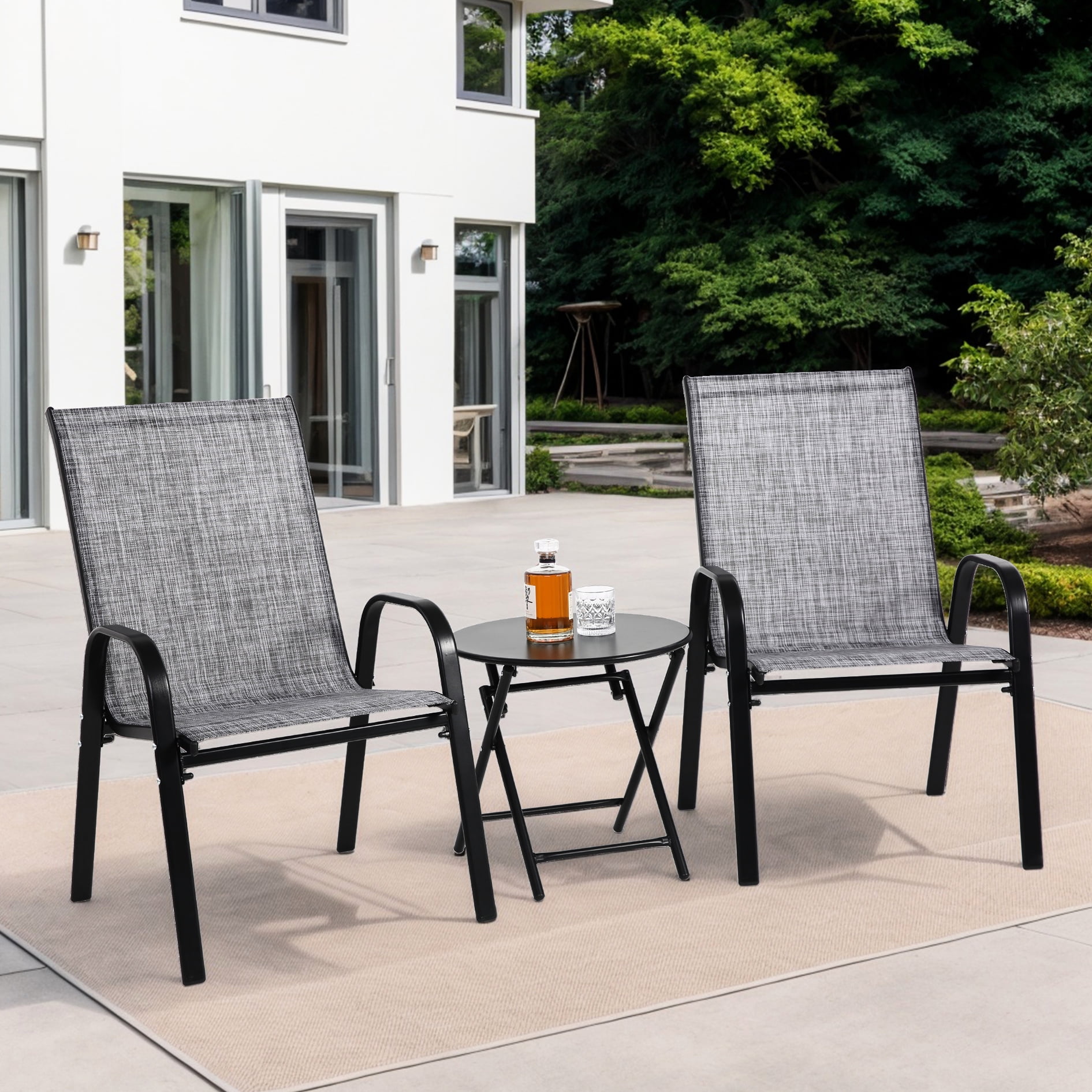 3 Piece Outdoor Patio Camping - Grey Chairs & Folding Steel Table ...