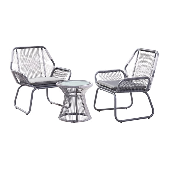 3 Piece Outdoor Patio Chat Set PE Rattan Wicker Iron Frame Waterproof Cushion Gray Finish For Porch Garden