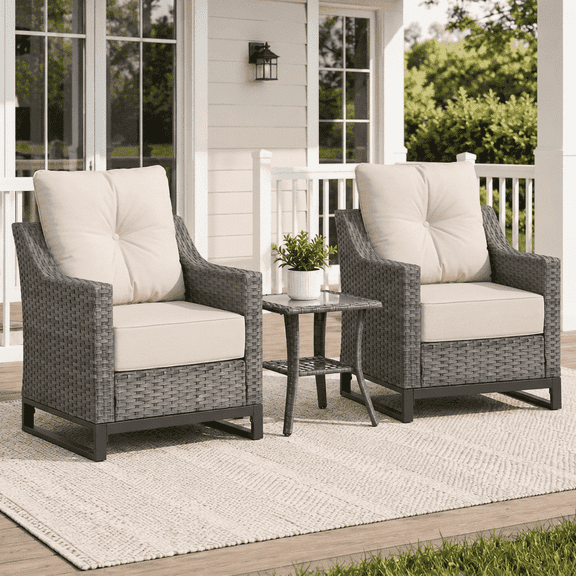 BelvaraHome 3-Piece Outdoor PE Rattan Patio Conversation Set, 2 Chairs, Glass Top Table, 6-inch Olefin Cushions, Gray/Beige