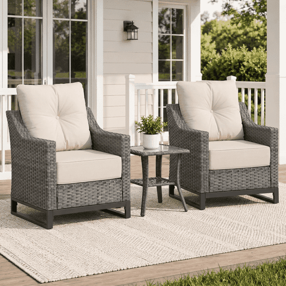 BelvaraHome 3-Piece Outdoor PE Rattan Patio Conversation Set, 2 Chairs, Glass Top Table, 6-inch Olefin Cushions, Gray/Beige