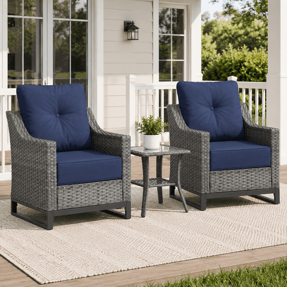 3-Piece Outdoor PE Rattan Patio Conversation Set with 2 Armchairs, Glass-Top Side Table and 6 in Olefin Cushions, Gray/Blue