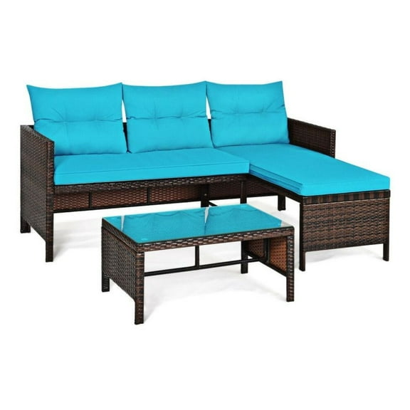 3-Piece Outdoor Patio Corner Sofa Set, Rattan Wicker Furniture, Turquoise/Beige/Gray, for Garden, Lawn, Pool, with Glass Coffee Table