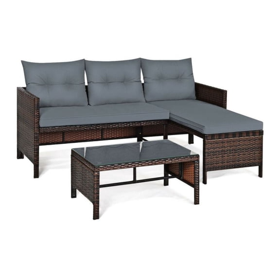 3-Piece Outdoor Patio Corner Sofa Set - Rattan Wicker Furniture with Glass Coffee Table - Turquoise, Beige, Gray - Garden, Lawn, Backyard