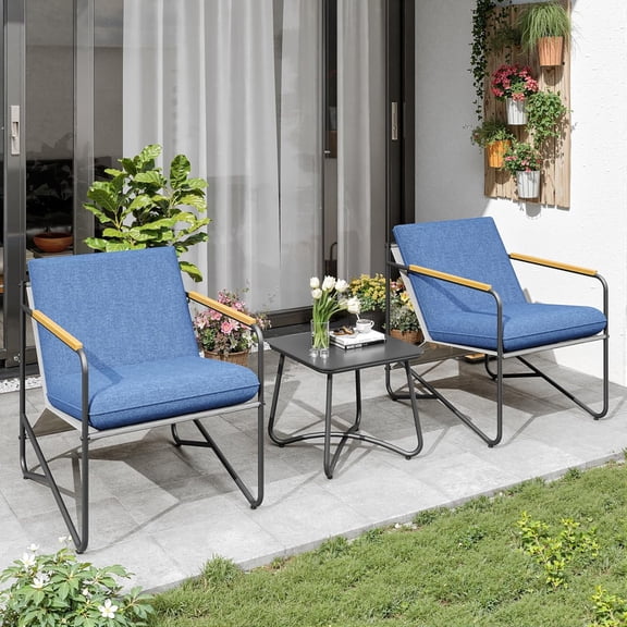 3-Piece Outdoor Patio Furniture Set with 2 Cushioned Chairs and Glass Coffee Table, Weather-Resistant Conversation Set for Balcony, Apartment Patio, Porch, Backyard & Small Spaces, Blue