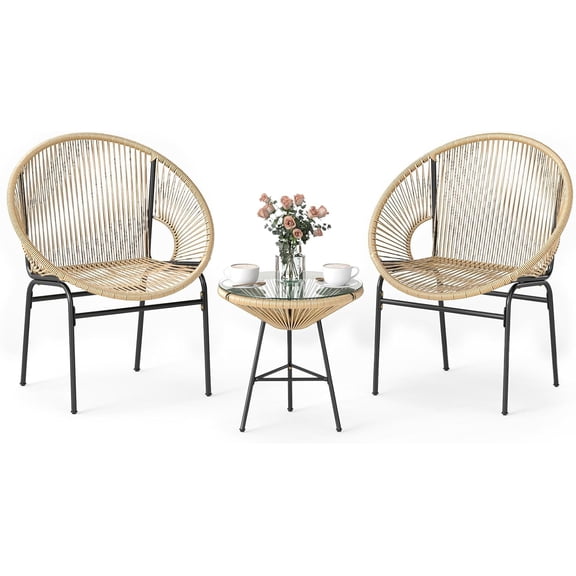 3 Piece Outdoor Patio Furniture Set, Acapulco Chair Set w/Plastic Rope, Tempered Glass Table, All Weather Patio Bistro Set for Patio, Lawn, Garden, Backyard (Brown)