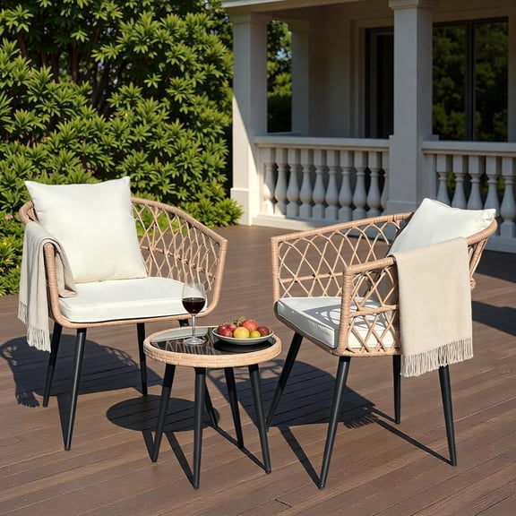 3 -Piece Outdoor Patio Furniture Set, All-Weather PE Rattan Conversation Set for Apartment Balcony/Small Backyard, Waterproof Cushions & Powder-Coated Steel Frame, Modern Beige (2 Chairs + Table)