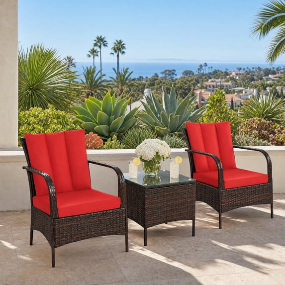 3 Piece Outdoor Patio Furniture Set Bistro Set with Coffee Table, Wicker Rattan Conversation Sets for Backyard, Porch, Poolside,Red
