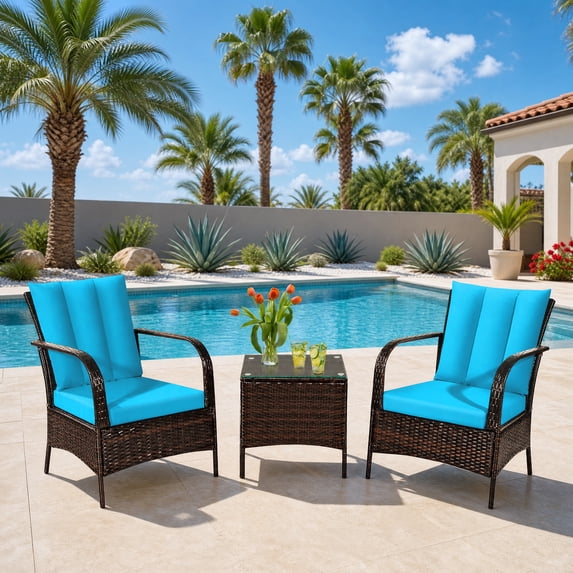 3 Piece Outdoor Patio Furniture Set Bistro Set with Coffee Table, Wicker Rattan Conversation Sets for Backyard, Porch, Poolside,Turquoise