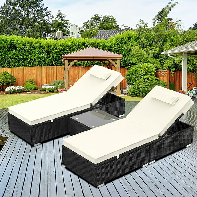 3-Piece Outdoor Patio Furniture Set Chaise Lounge, Patio Reclining Rattan Lounge Chair Chaise Couch Cushioned with Glass Coffee Table, Adjustable Back and Feet, Lounger Chair for Pool Garden, Beige