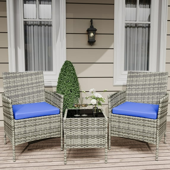 3 Piece Outdoor Patio Furniture Set, Lawn Wicker 2 Chairs w/ Glass Coffee Table, PE Rattan Patio Bistro Sets w/ Thick Cushion, Balcony Furniture Sets for Apartments, Pool, Porch, Backyard,Deck