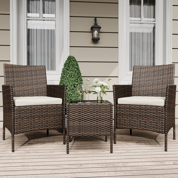 3 Piece Outdoor Patio Furniture Set, Lawn Wicker 2 Chairs w/ Glass Coffee Table, PE Rattan Patio Bistro Sets w/ Thick Cushion, Balcony Furniture Sets for Apartments, Pool, Porch, Backyard,Deck
