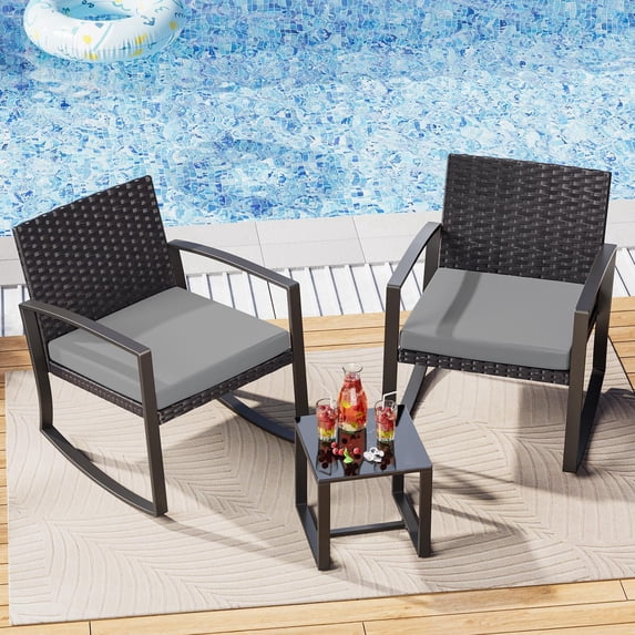 Noelse 3 Piece Outdoor Patio Furniture Set, Rattan Rocking Bistro Conversation Set with Coffee Table, Grey Cushion for Garden, Balcony, Backyard, Poolside