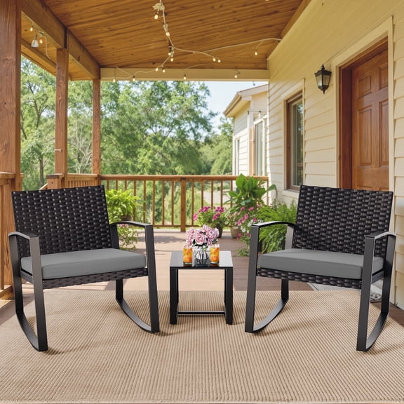 Noelse 3 Piece Outdoor Patio Furniture Set, Rattan Rocking Bistro Conversation Set with Coffee Table, Grey Cushion for Garden, Balcony, Backyard, Poolside