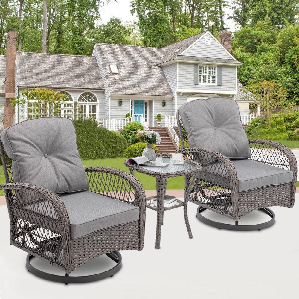 3 Piece Outdoor Patio Furniture Set PE Rattan Glass Top Table and Chairs Set Outdoor Pub Table Set with Cushions for 2 Persons All weather Bistro