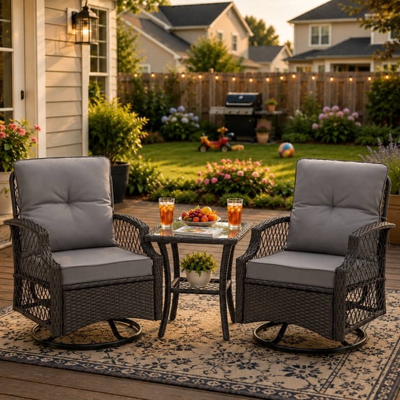 3 Piece Patio Swivel Rocker Set, PE Rattan Bistro Set w/ 2 360° Swivel Rocking Chairs and Side Table, Outdoor Conversation Set with Cushions for Patio, Pool, Balcony, Pub, Cafe - Gray