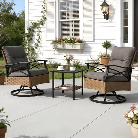 3 Piece Patio Swivel Rocker Set, PE Rattan Bistro Set w/ 2 360° Swivel Rocking Chairs and Side Table, Outdoor Conversation Set with Cushions for Patio, Pool, Balcony, Pub, Cafe - Gray