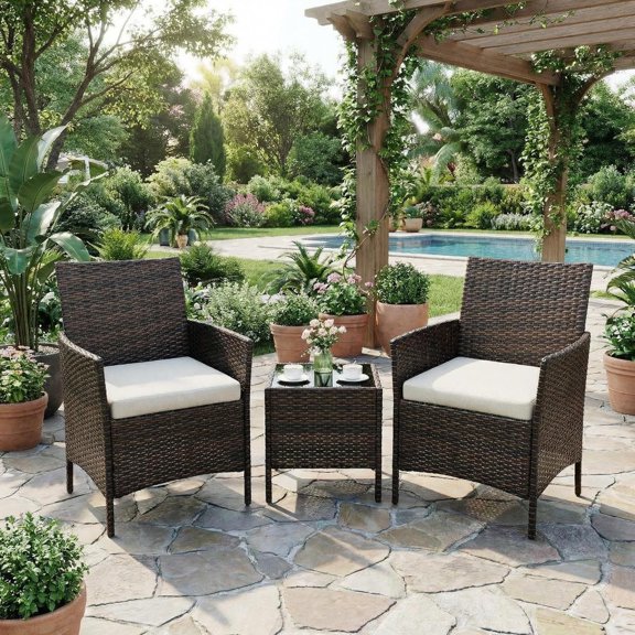 3-Piece Outdoor Patio Furniture Set, PE Wicker Rattan Conversation Set with Cushions and Tempered Glass Table, Steel Frame Bistro Set for Backyard, Porch & Garden  Brown Wicker / Beige Cushions
