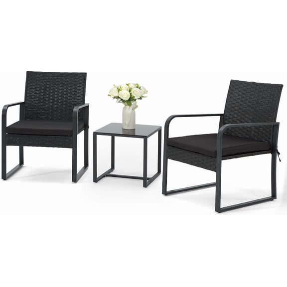 3 Piece Outdoor Patio Furniture Set, Patio Bistro Set Wicker Conversation Set, Modern Rattan Chair with Glass Coffee Table for Backyard, Porches, Poolside, Lawn and Balcony