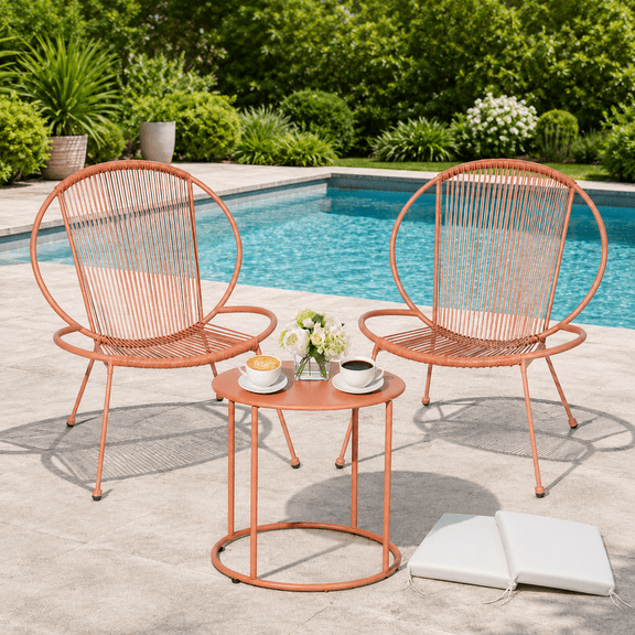 3-Piece Outdoor Patio Furniture Set, Terracotta Rattan Bistro Set with Glass Coffee Table & Cushions, All-Weather PE Rattan Conversation Set for Balcony, Porch, Backyard, Poolside, Garden