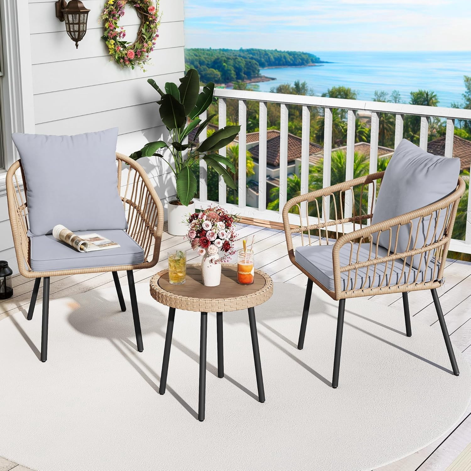 3 Piece Outdoor Patio Furniture Set, Wooden Conversation Patio Set with ...