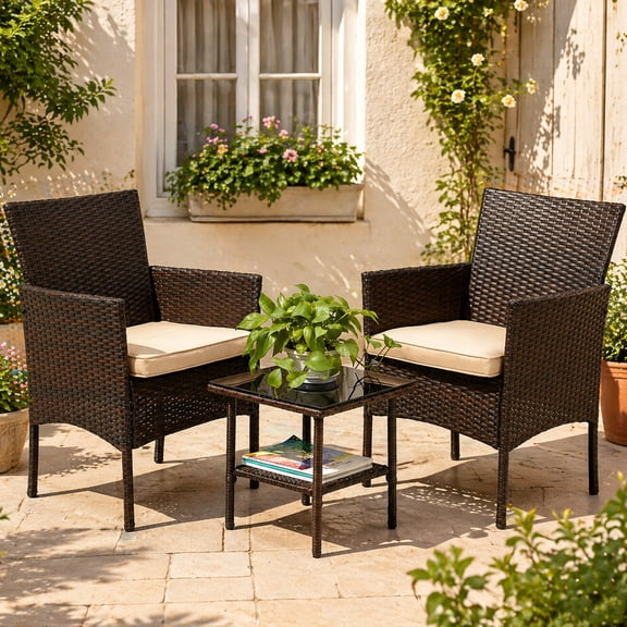 3 Piece Outdoor Patio Furniture Sets, Wicker Patio Conversation Furniture Rattan Chair Set with Tempered Glass Coffee Table and Cushion for Backyard Porch Garden Poolside Balcony, Black