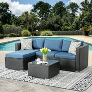 3-Piece Outdoor Patio Furniture Sofa Set, All-Weather Black Rattan Furniture Sets with Tea Table and Cushions, Wicker Sectional Couch Royal Blue