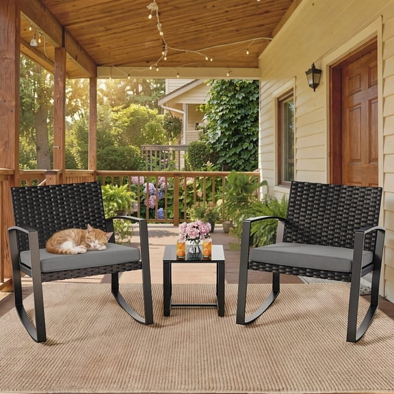 3-Piece Outdoor Patio Rocking Bistro Set, PE Rattan Wicker Conversation Furniture with Tempered Glass Coffee Table for Garden Balcony Backyard Poolside, Grey Cushion