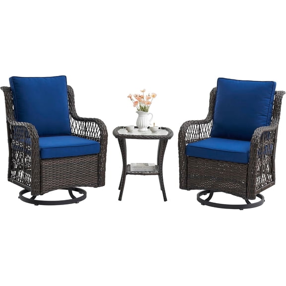 3 Piece Outdoor Patio Set, Wicker Rocking Bistro Set with 2 Swivel Chairs & Tempered Glass Top Table, Rattan Outdoor Furniture with Cushions for Patio Porch Backyard
