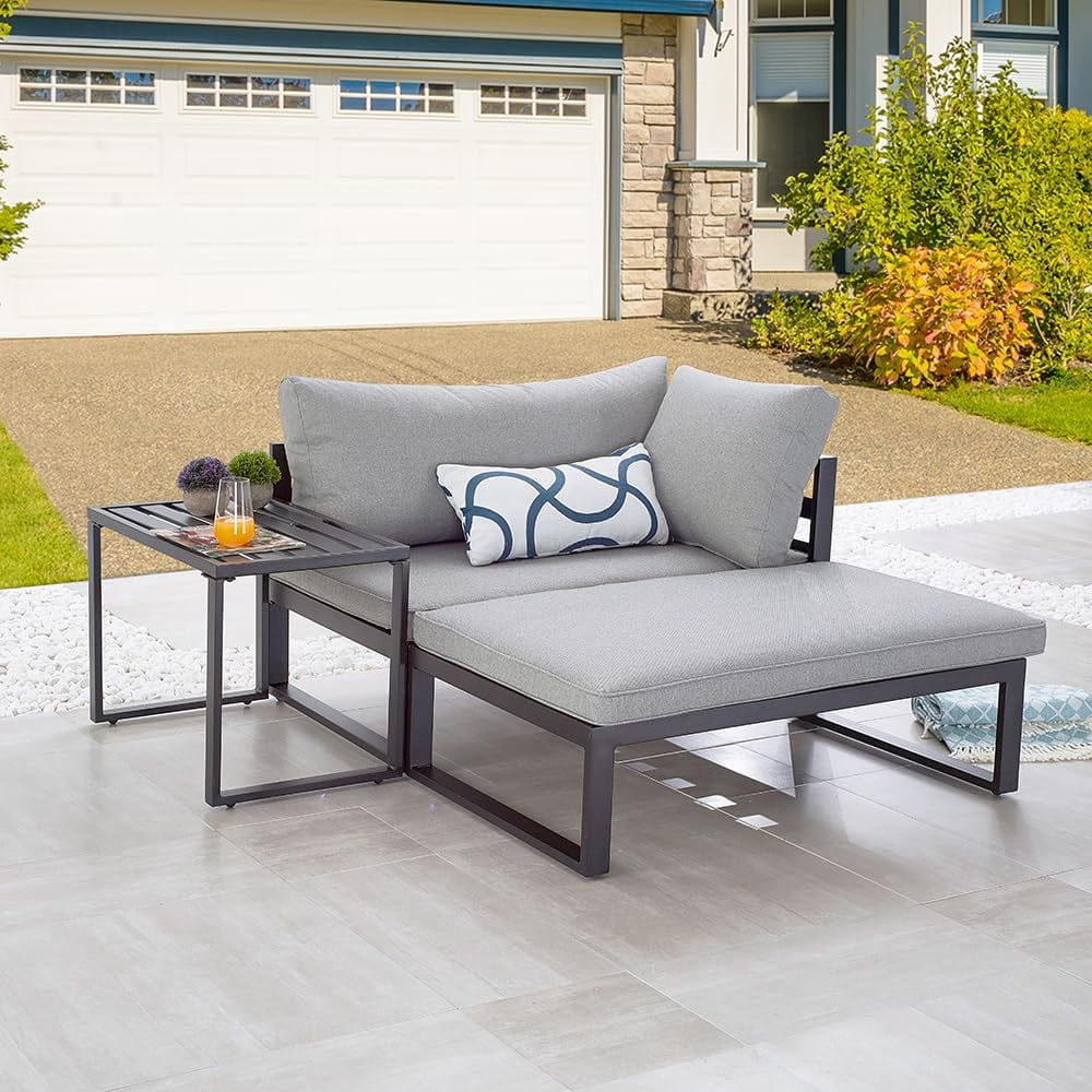 3 Piece Outdoor Patio Sofa, Balcony & Porch Couch, Small Corner Patio Sectional Frniture with Soft Cushions Outdoor Daybed for Apartment, Backyard with Side Table